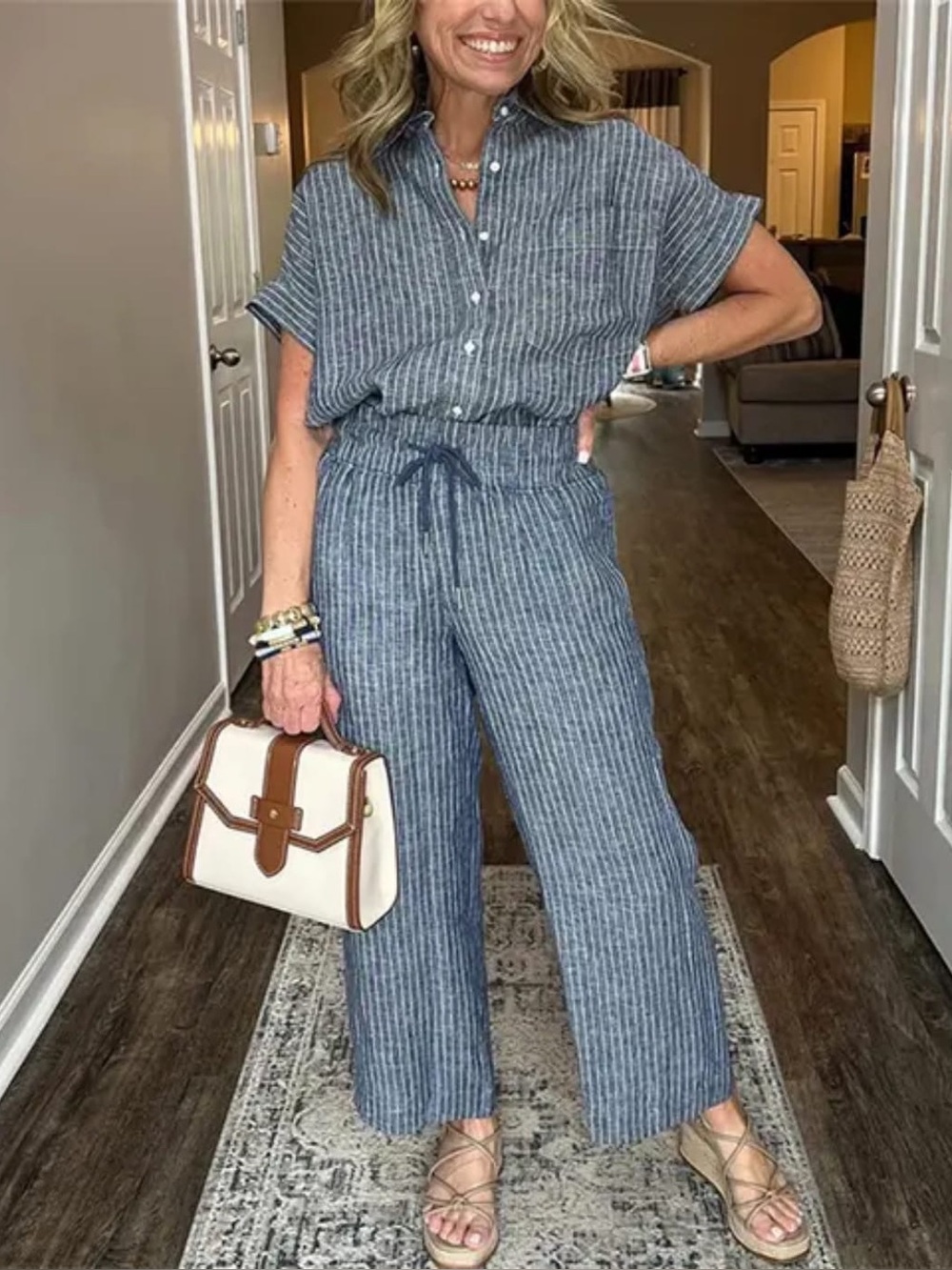 Women’s gray Striped Linen-Blend Drawstring set